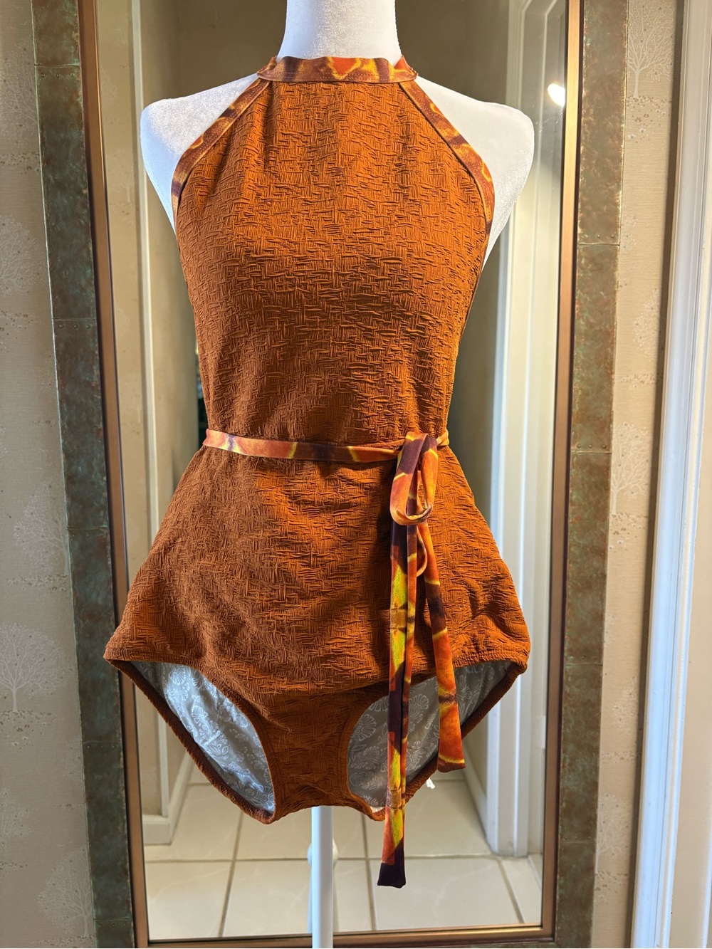 Free People Rust Orange Textured Halter One-Piece Swimsuit with Sash